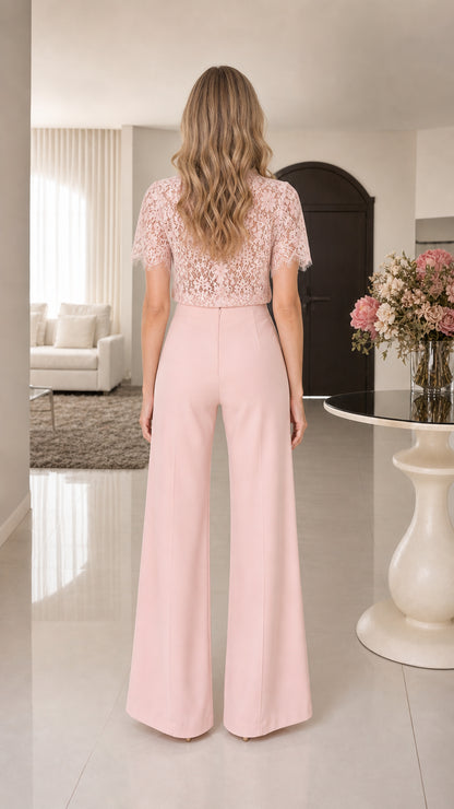 Blush Pink lace wide-leg jumpsuit - back view