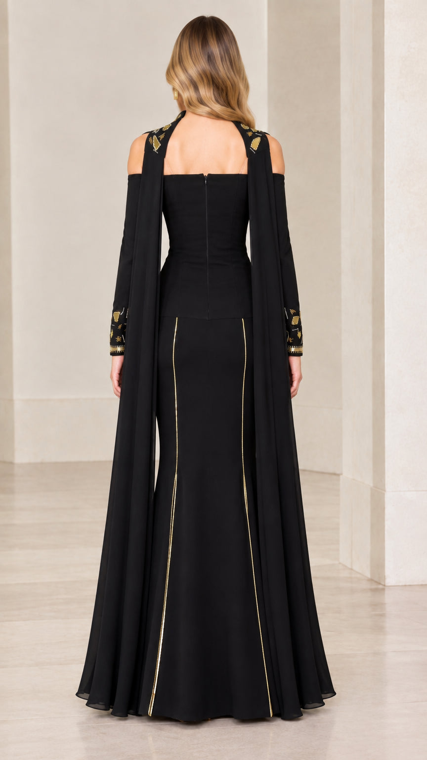 Back view of black floor-length formal gown with back zipper closure