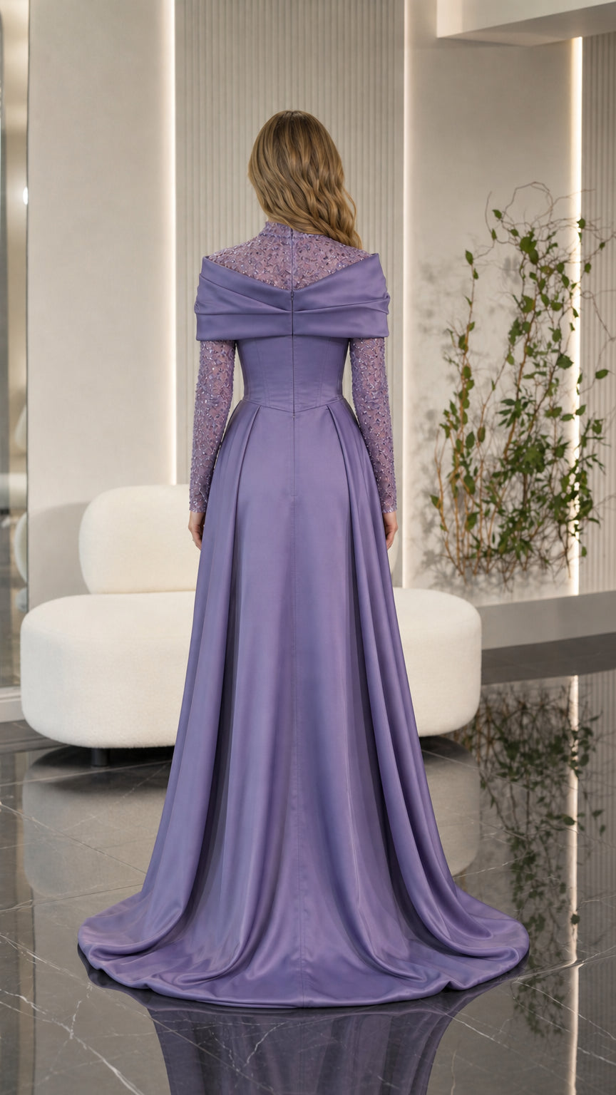 Back view of model in lavender high neck evening gown showing flowing satin skirt