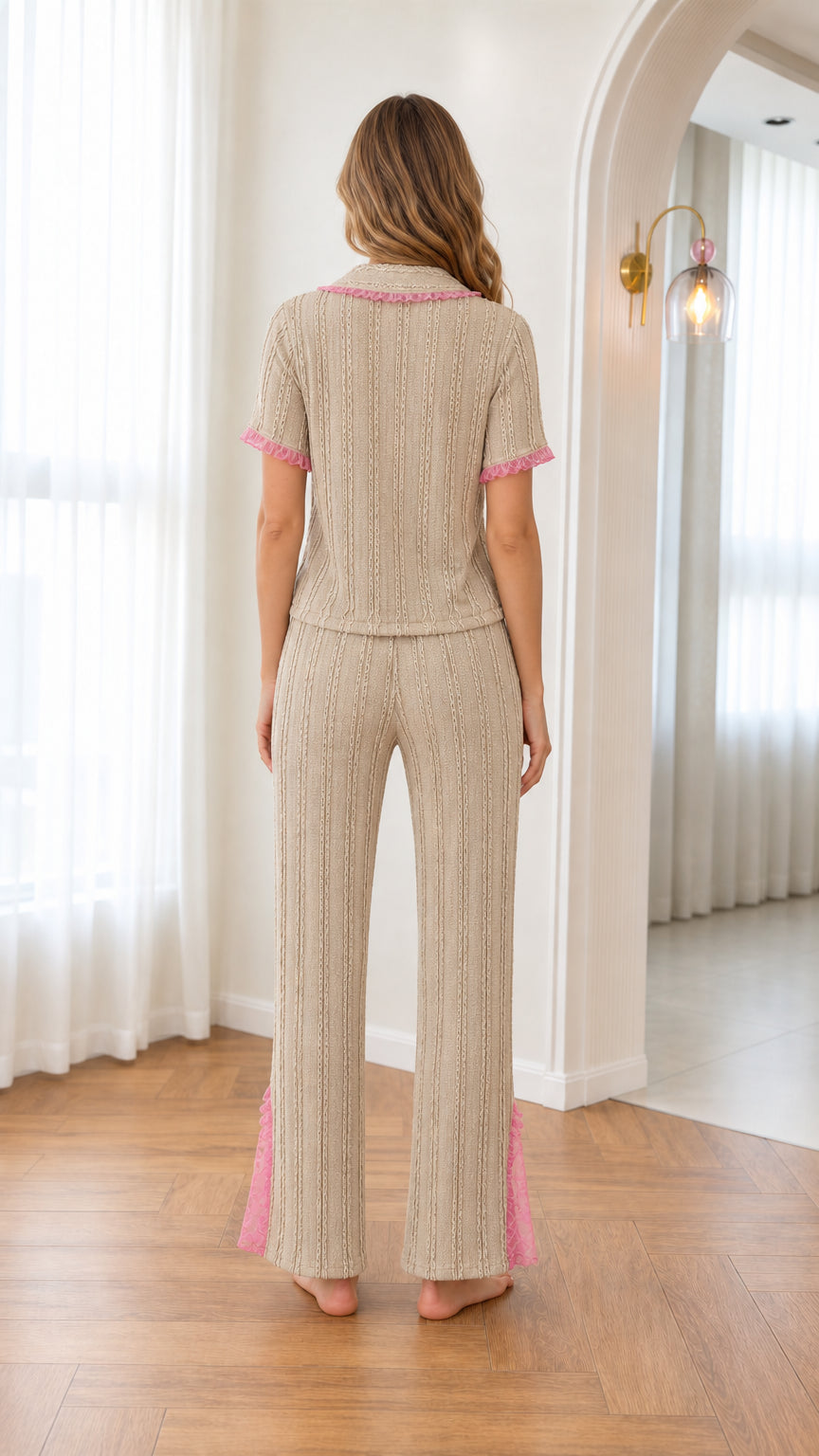 Back view of women's beige knit pajama set with lace accents