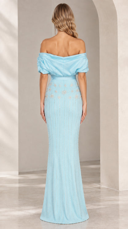 Back view of light blue off-the-shoulder floor-length evening dress