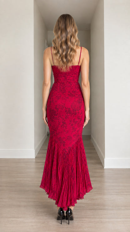 Back view of model wearing Red Floral Jacquard Pleated Mermaid Hem Midi Dress