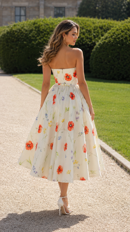 Back view of ivory strapless floral midi dress with flared midi skirt