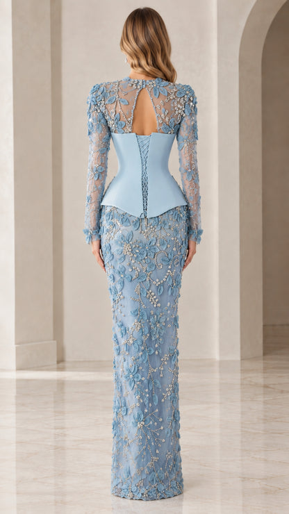 Sky Blue long sleeve lace evening gown showing sheer illusion back and structured waist - back view