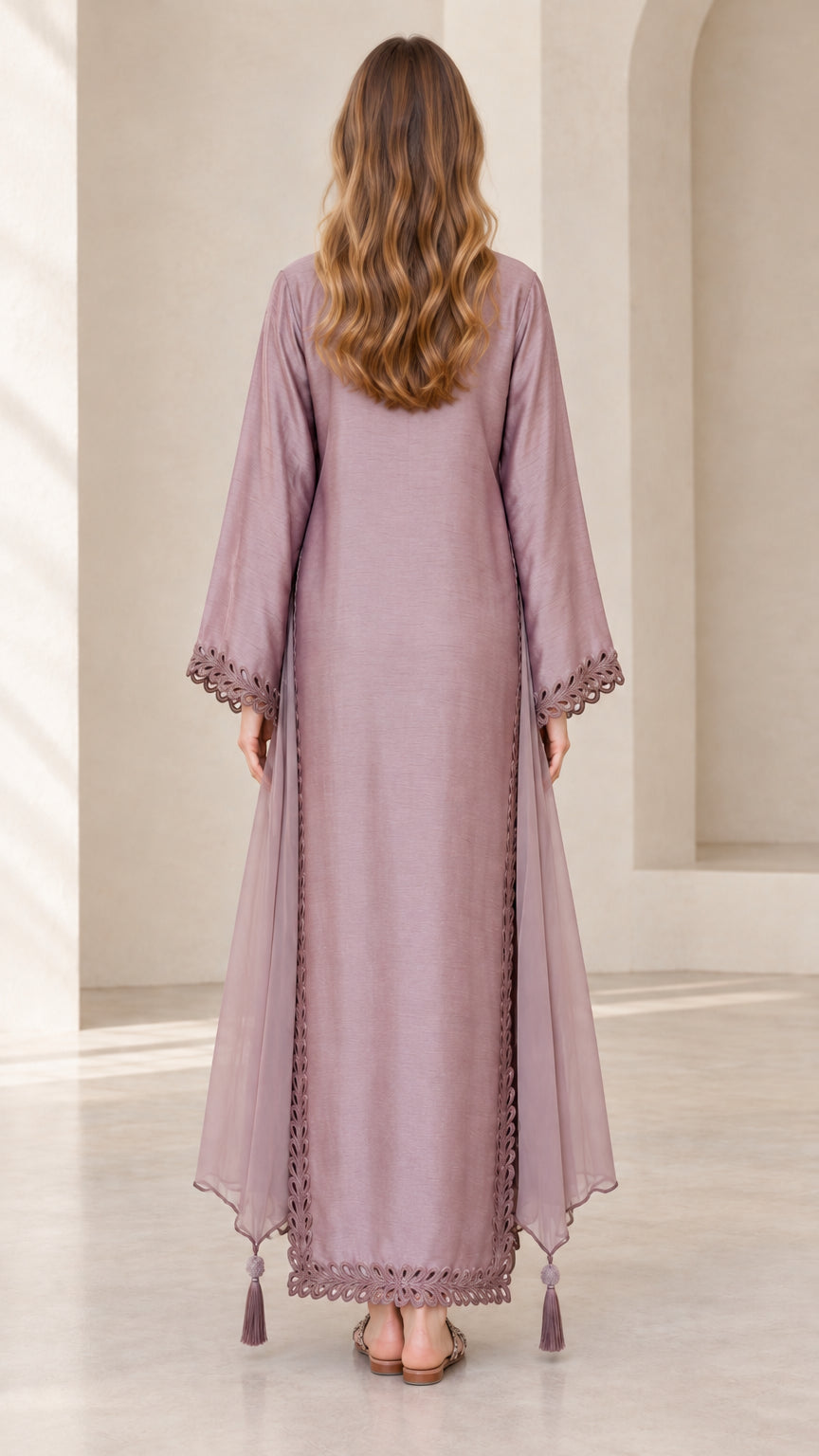 Back view of dusty mauve long sleeve modest maxi kaftan dress