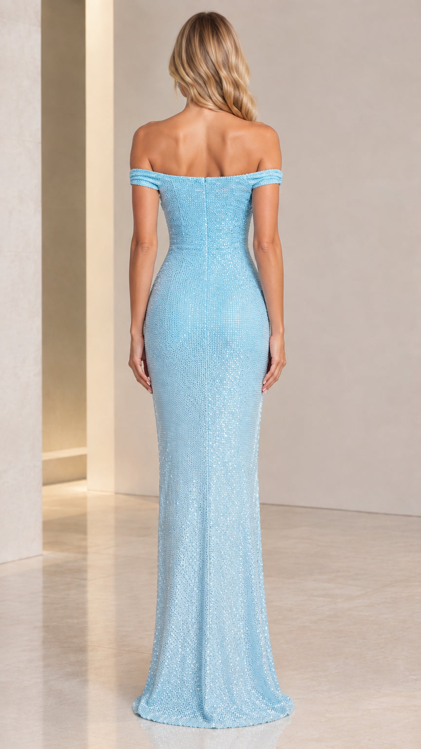Back view of light blue sequin evening dress with hidden zipper detail