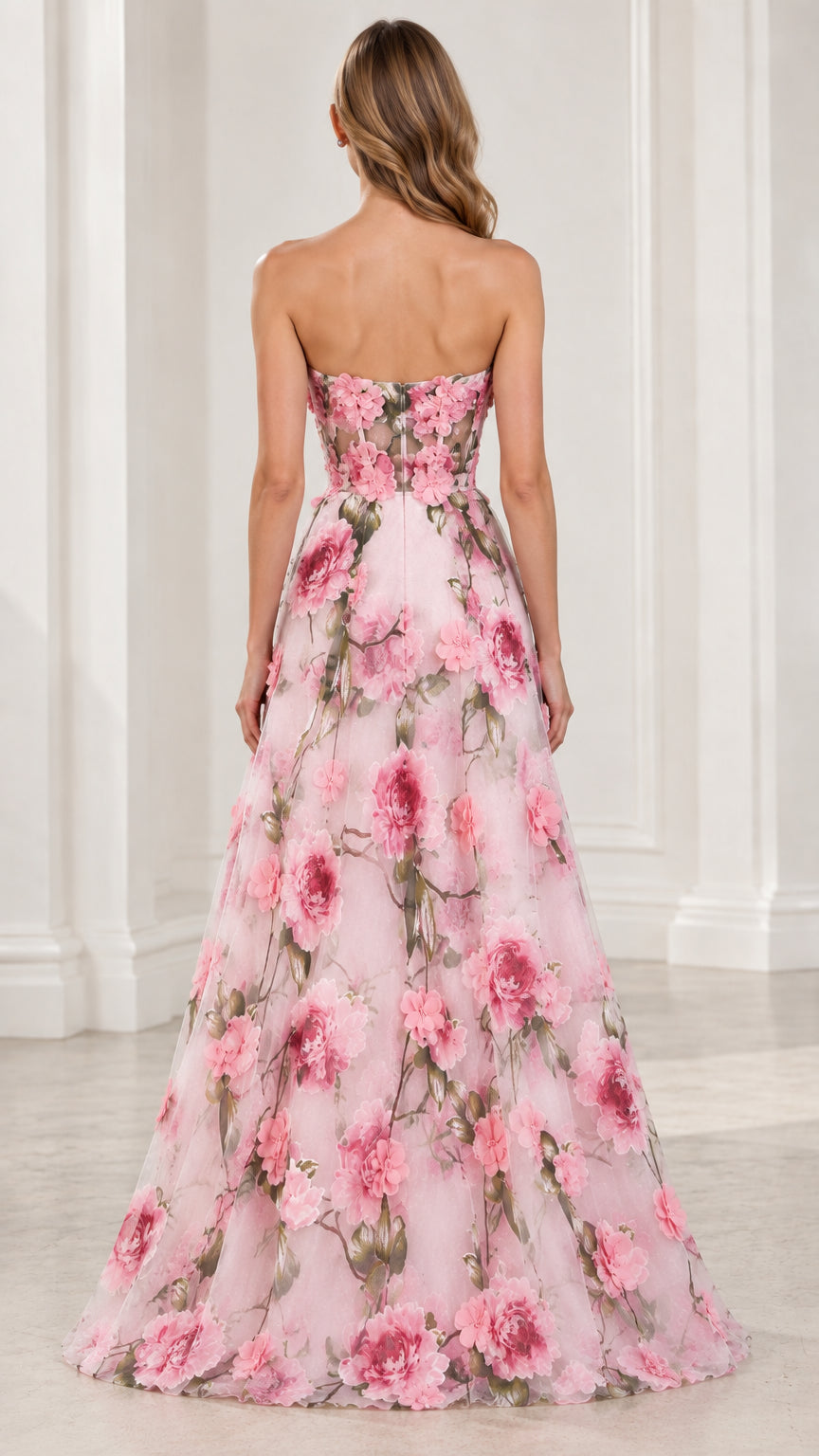 Back view of Blush Pink strapless formal gown with floral detailing