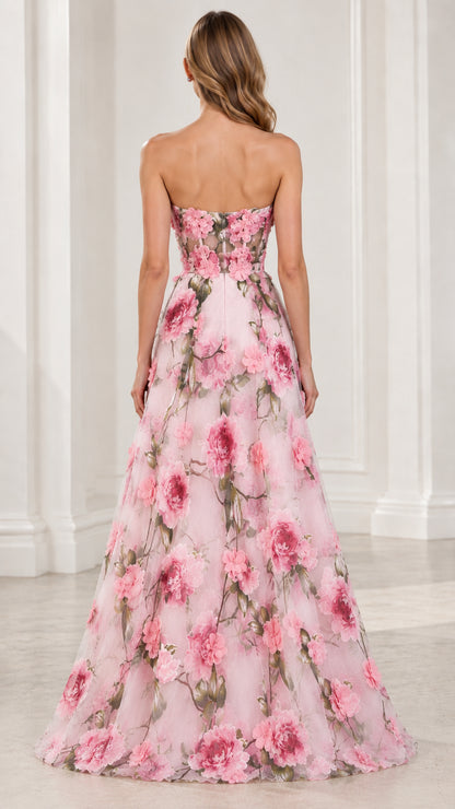 Back view of Blush Pink strapless formal gown with floral detailing