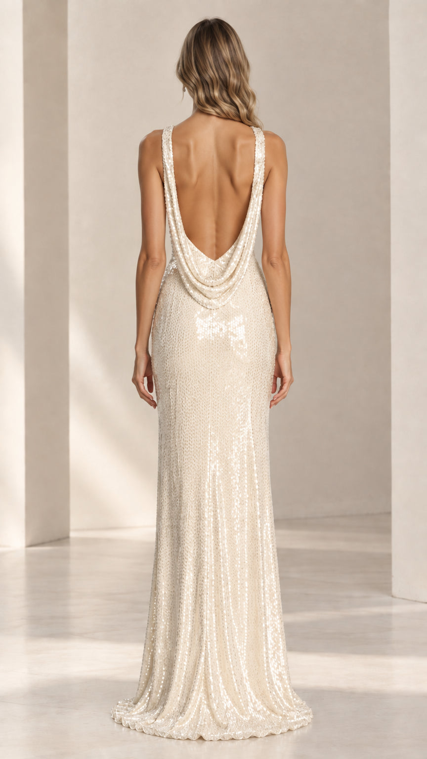 Back view of model in Champagne sequin dress showcasing open draped cowl back