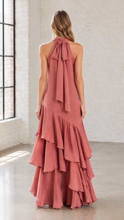 Back view of Dusty Rose halter dress showing the elegant neck bow tie detail