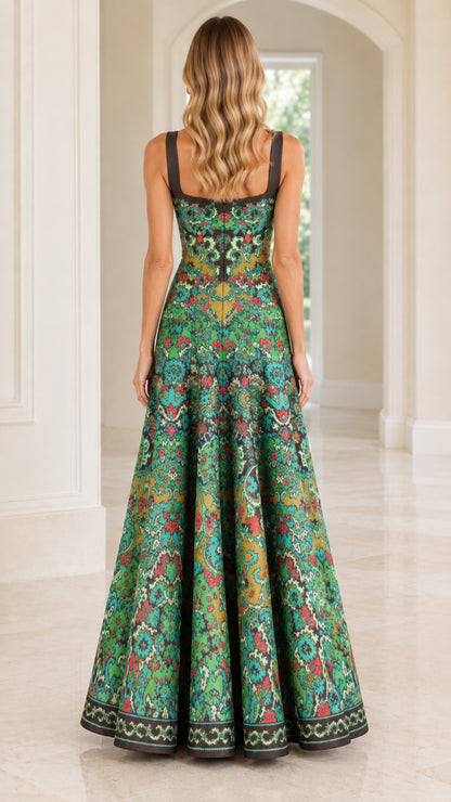 Back view of woman wearing teal green tapestry print sleeveless evening maxi dress