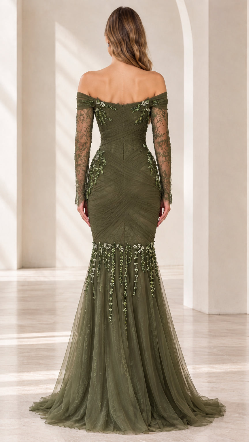 Back view of model showing fitted ruched back of olive green formal gown