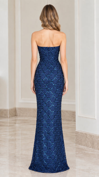 Back view of strapless navy blue sequin floor-length formal gown