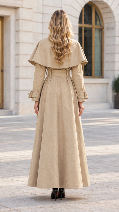 Back view of Khaki Maxi Cape Trench Coat highlighting cape back and flowing hem