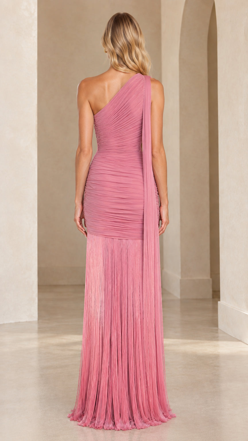 Back view of Dusty Rose one-shoulder maxi dress showing trailing shoulder sash
