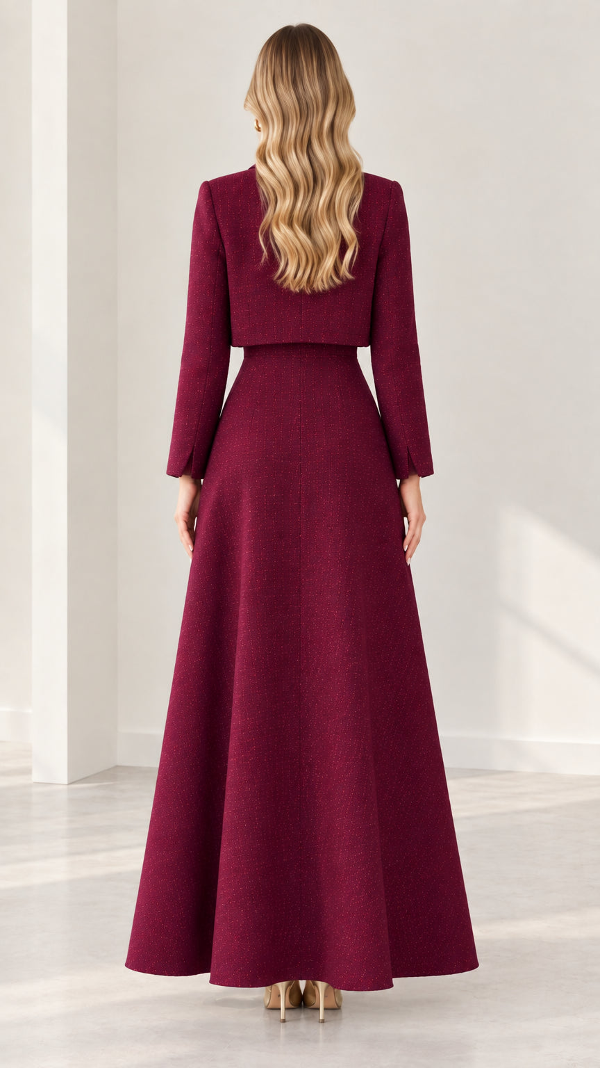 Burgundy tweed maxi dress set back view showing clean fit