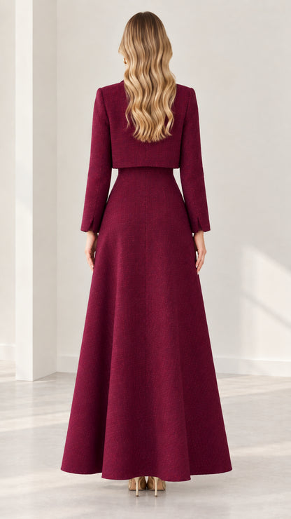 Burgundy tweed maxi dress set back view showing clean fit