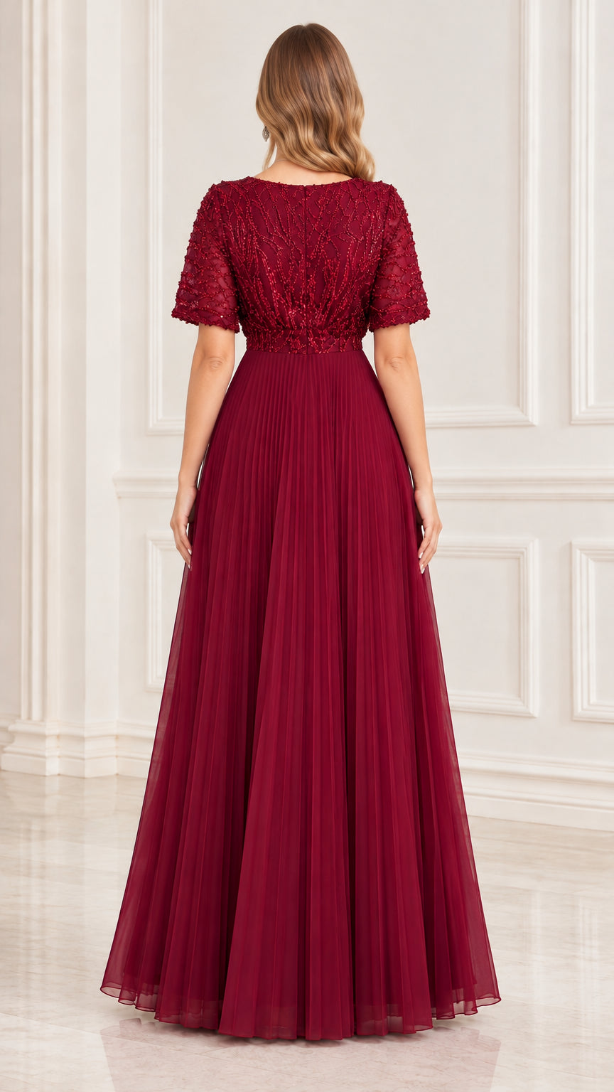 Back view of burgundy V-neck floor length evening gown