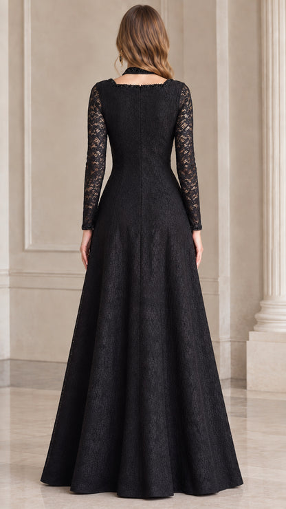 Back view of floor-length black lace formal evening gown