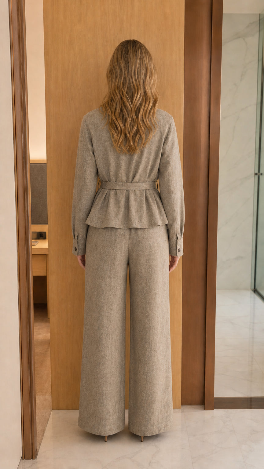 Back view of model wearing oatmeal beige tie-waist jacket and wide-leg trousers
