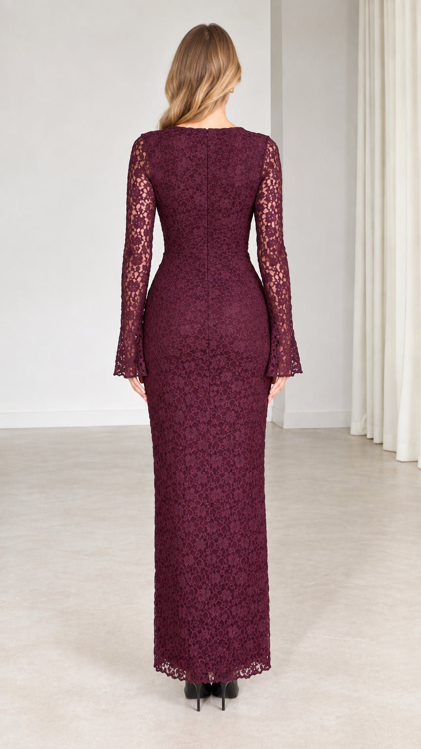 Back view of model showing full length burgundy lace column dress
