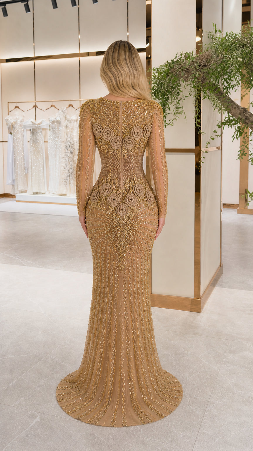 Gold floor-length sequin evening dress back view