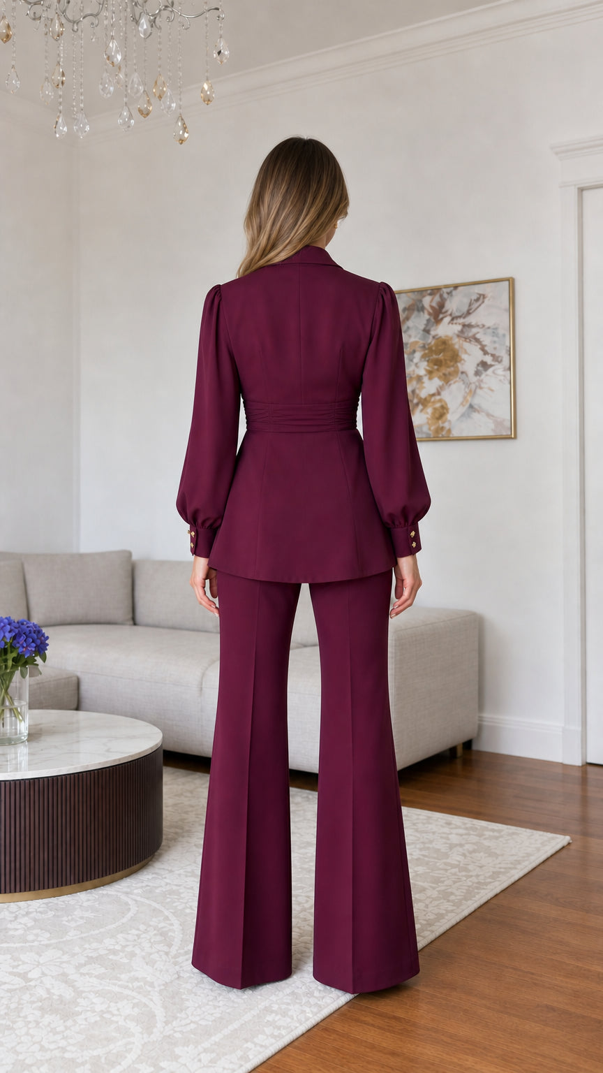 Back view of tailored burgundy blazer and flared dress pants suit set