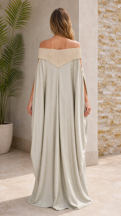 Back view of sage green off-the-shoulder kaftan dress