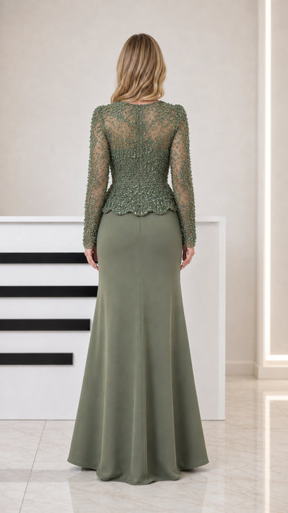 Sage green long sleeve maxi gown back view