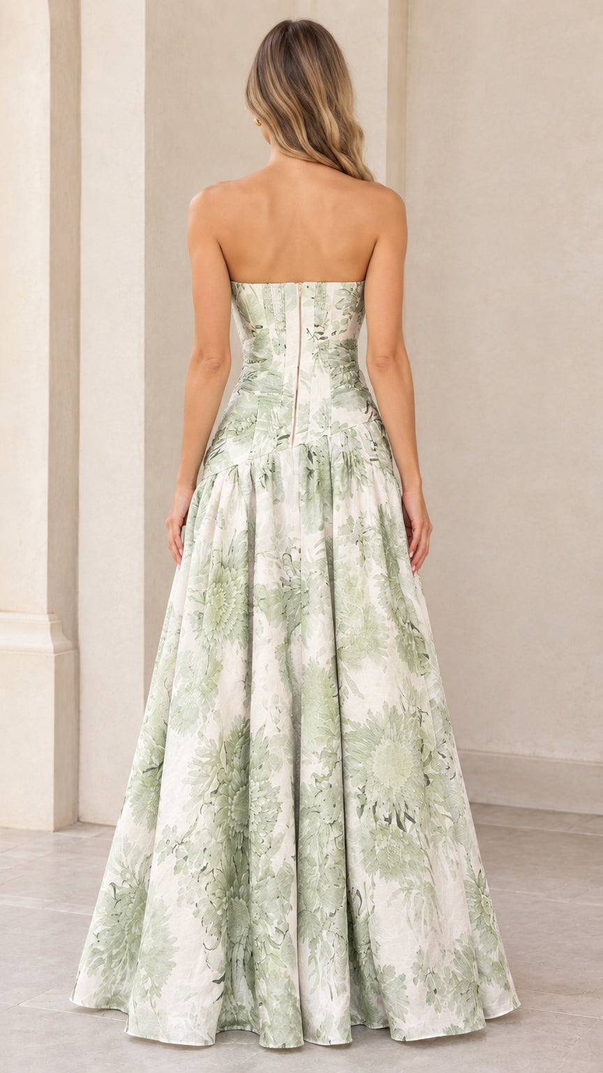 Back view of sage green floral evening gown showing rear zipper closure