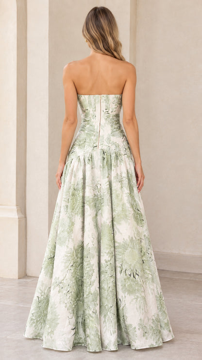 Back view of sage green floral evening gown showing rear zipper closure