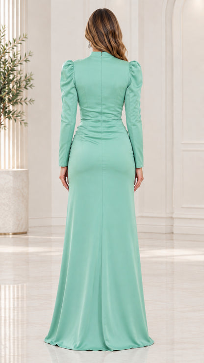 Back view of mint green high neck evening dress with long sleeves