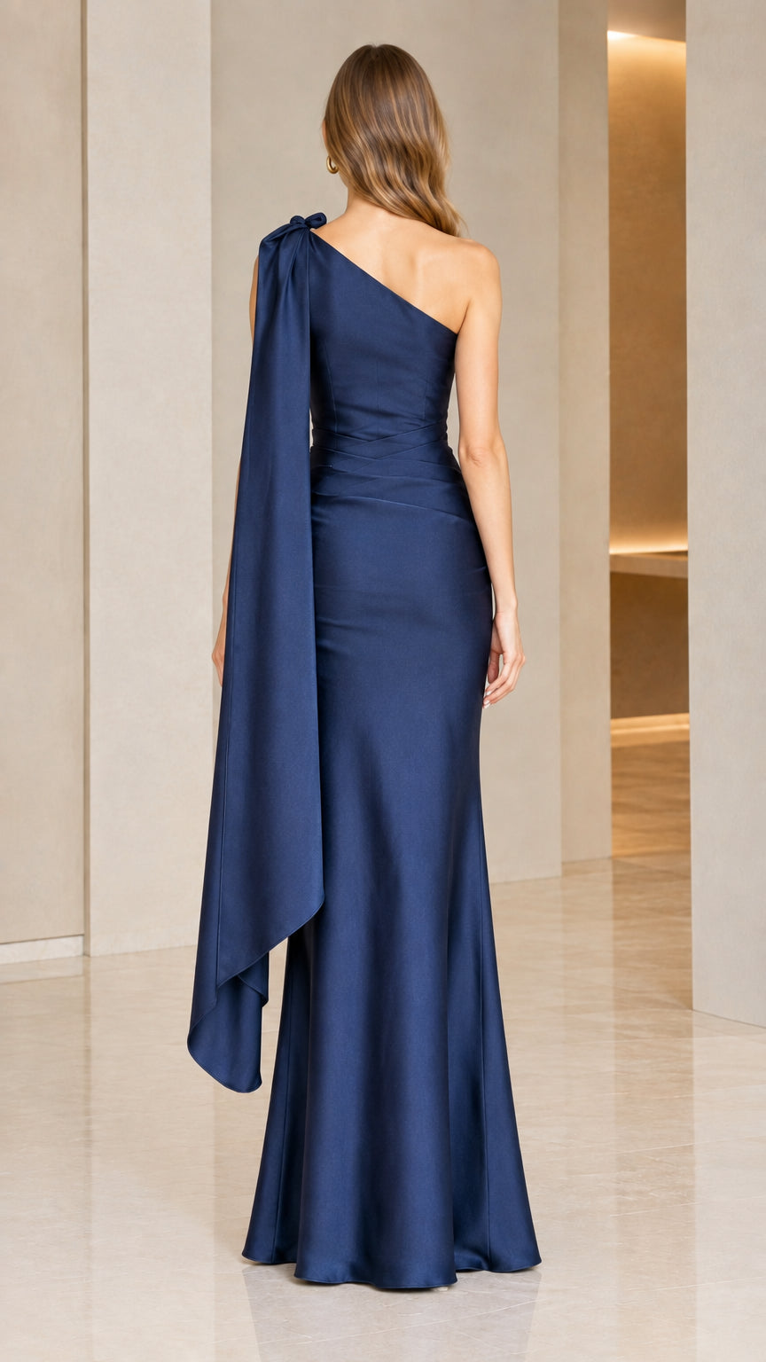 Back view of model in Navy Blue satin cape evening dress