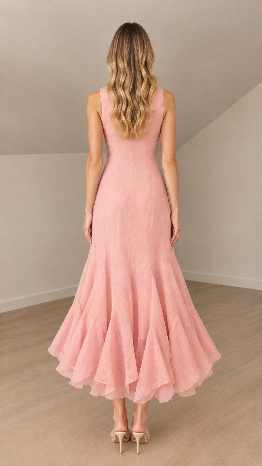 Back view of model in dusty pink sleeveless jacquard midi dress