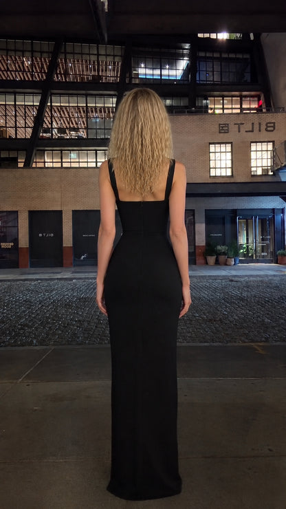 Back view of black sleeveless evening gown