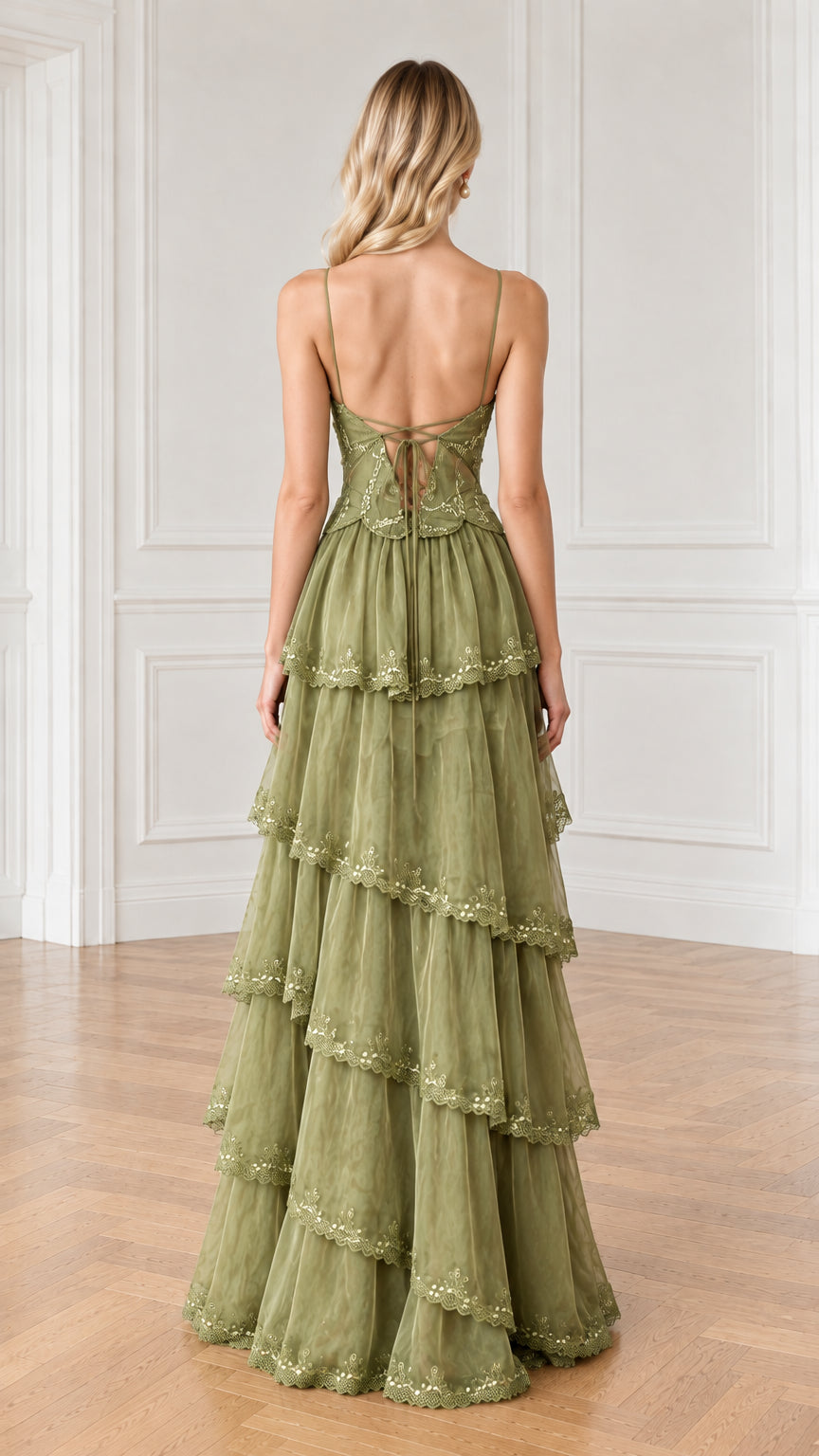 Back view of olive green maxi dress showing delicate lace-up corset detail