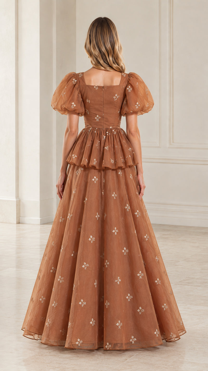Back view of woman wearing toffee brown square back peplum evening maxi dress