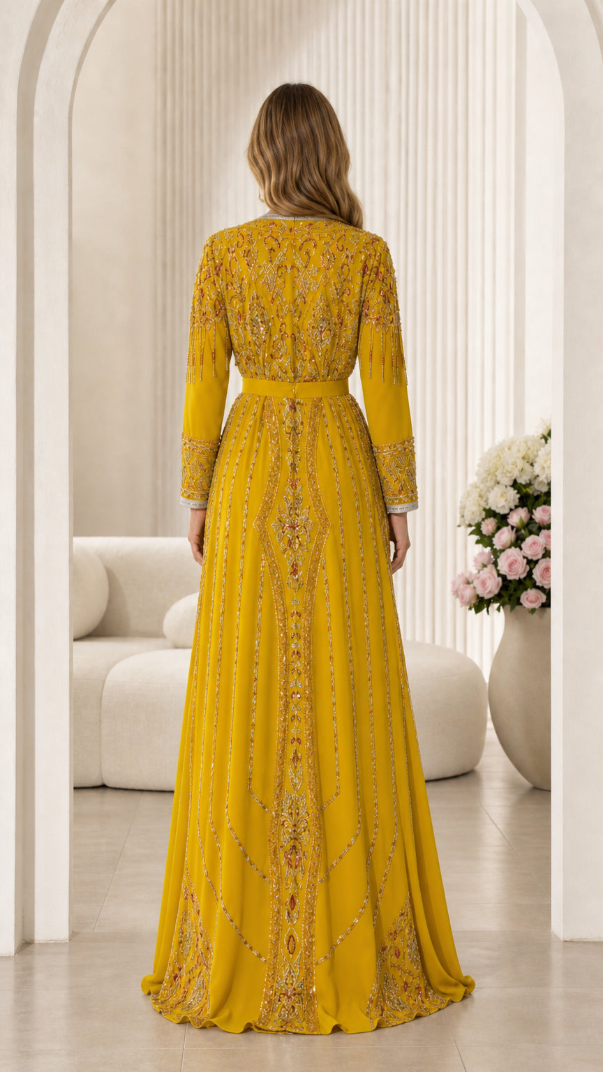 Back view of Mustard Yellow embroidered floor-length kaftan dress