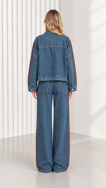 Back view of Classic Blue denim jacket and wide leg jeans two piece set