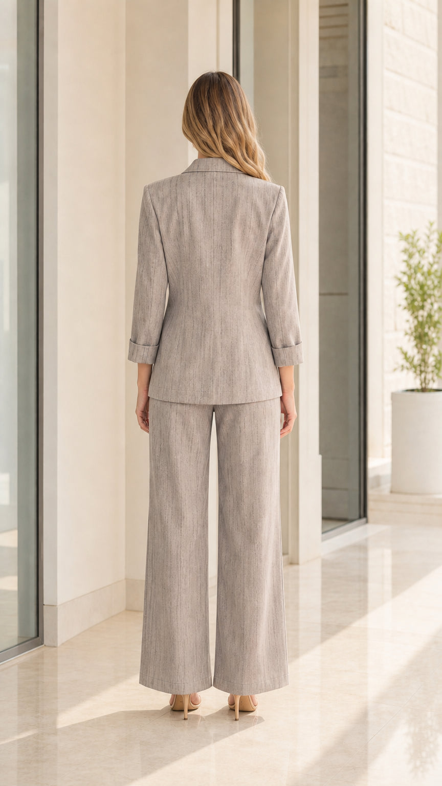 Back view of woman wearing light grey wide-leg pants suit