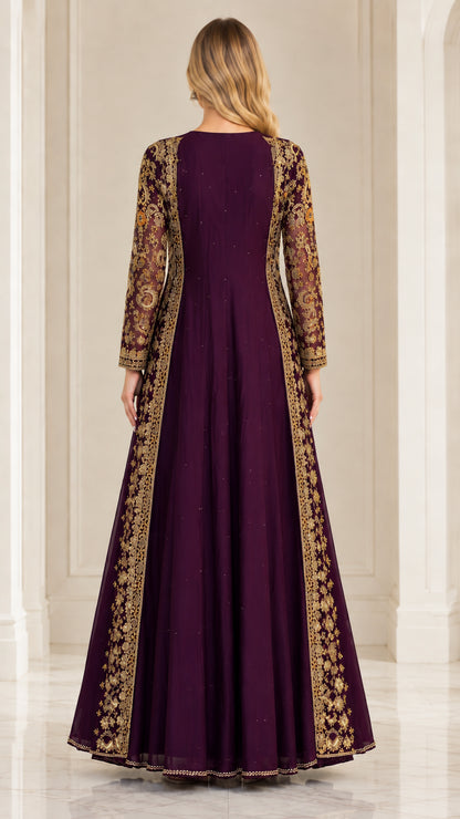 Back view of floor length plum evening gown with sheer embroidered long jacket