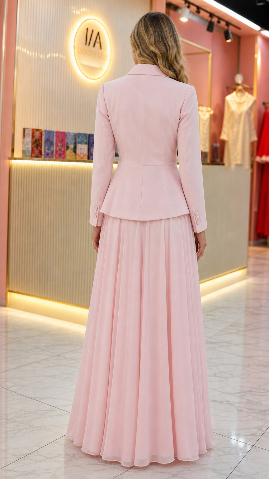 Back view of blush pink structured peplum blazer jacket and pleated floor-length skirt