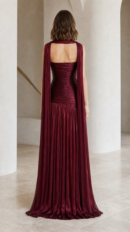 Burgundy strapless formal dress showing back neck scarf cape drape