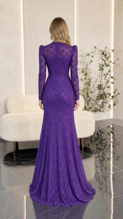 Back view of purple long sleeve lace evening gown showing fit and length