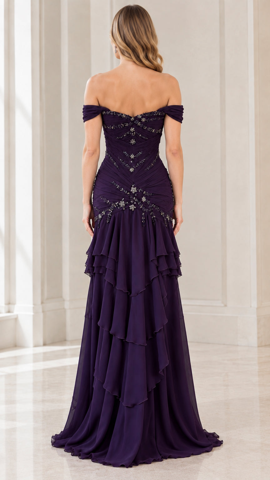 Back view of plum off-the-shoulder ruched formal evening gown
