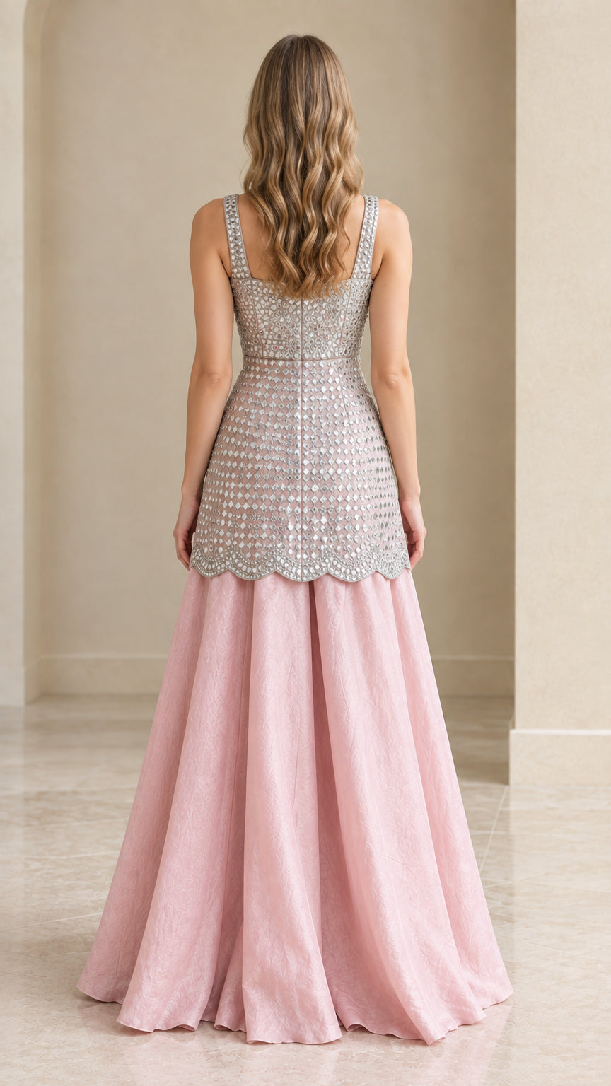 Back view of Blush Pink formal longline top and flowing maxi skirt set