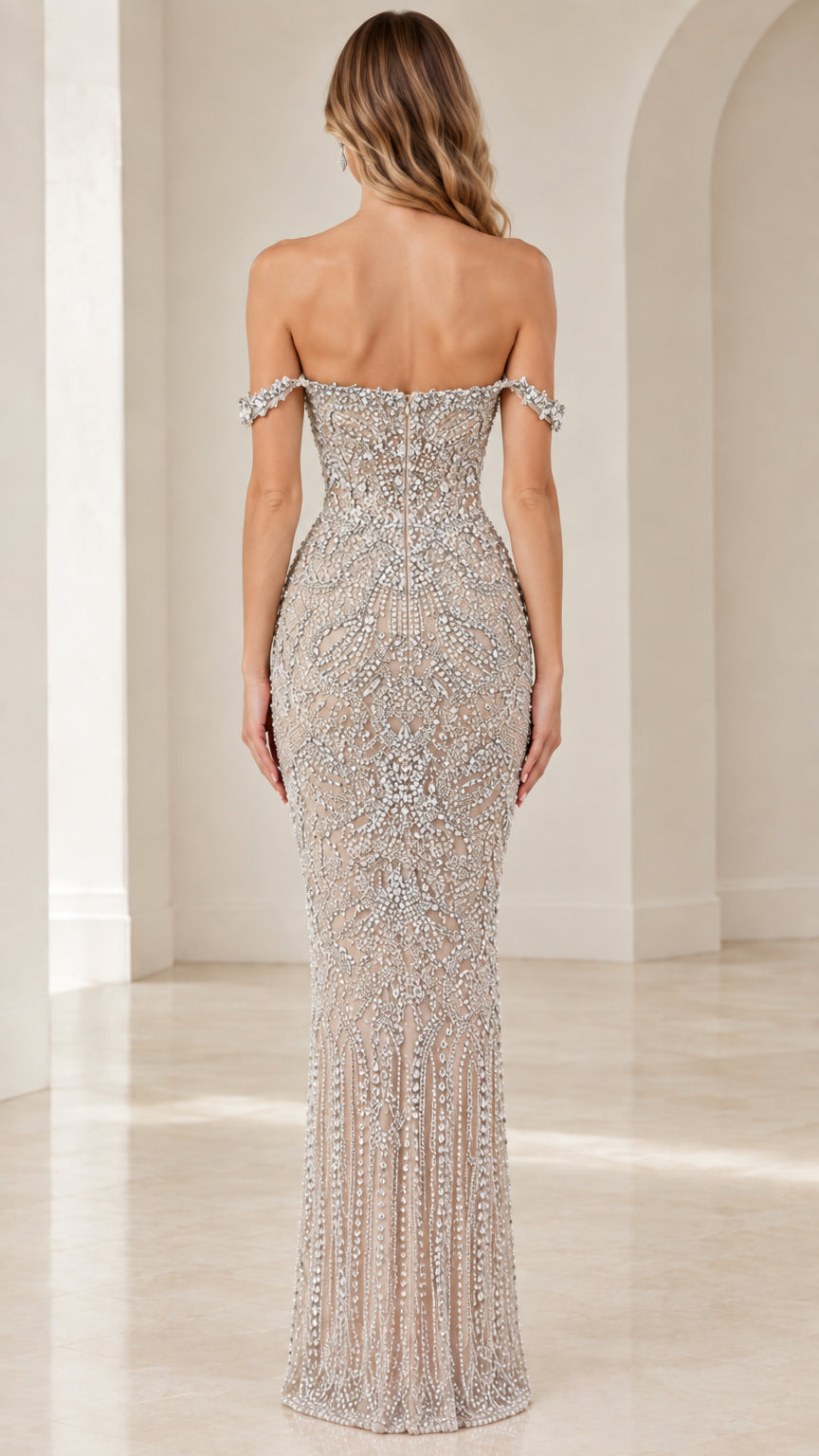 Back view of Champagne off-the-shoulder formal evening maxi gown
