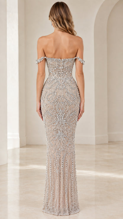 Back view of Champagne off-the-shoulder formal evening maxi gown