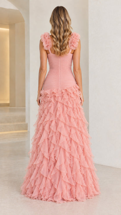 Back view of Dusty Pink ruched bodice tiered ruffle maxi dress