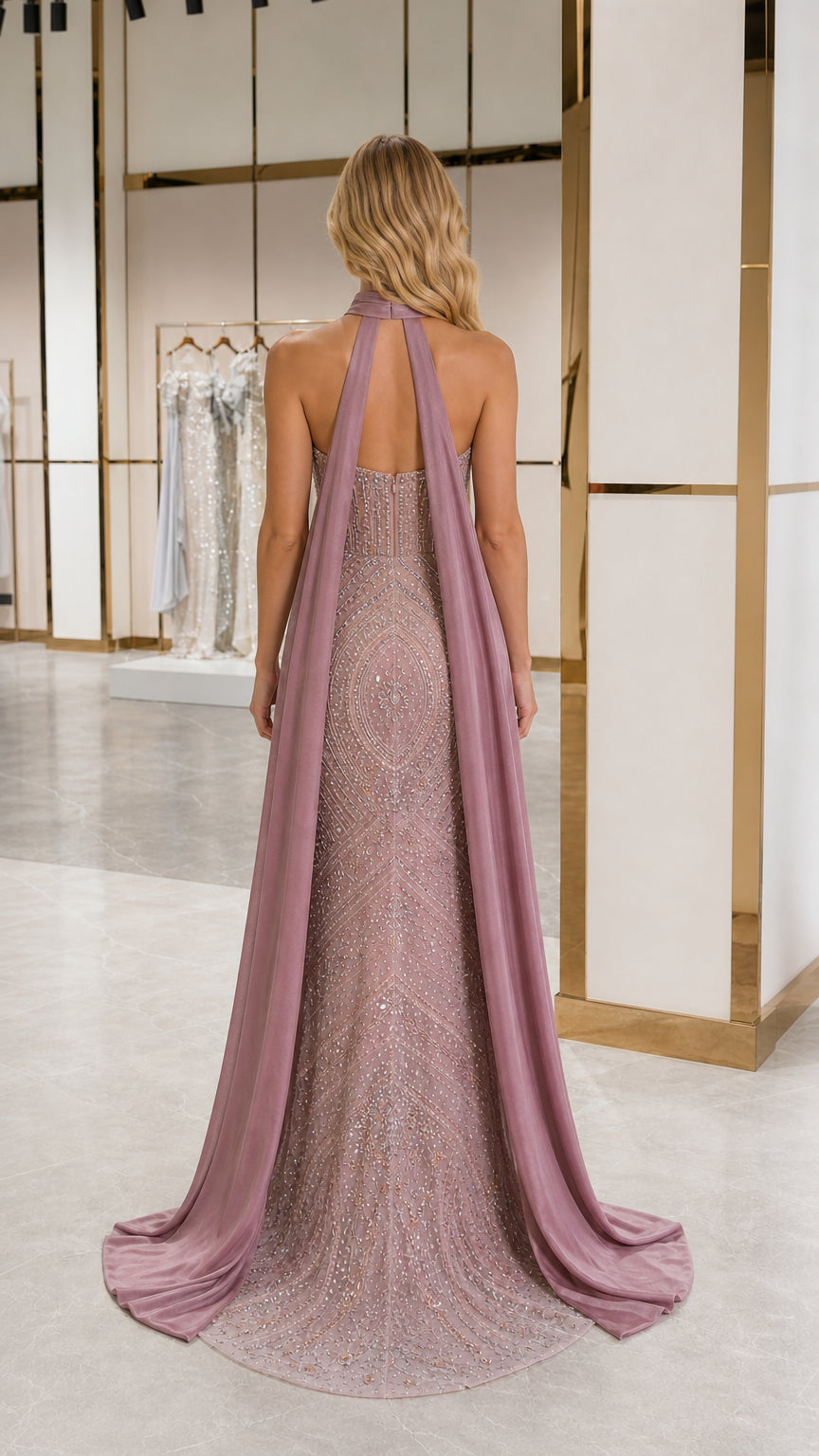 Dusty rose embellished evening gown back view showing sheer train and cape streamers